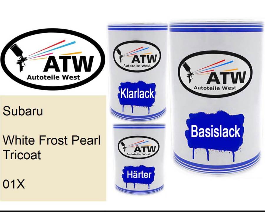 Subaru, White Frost Pearl Tricoat, 01X: 500ml Lackdose + 500ml Klarlack + 250ml Härter - Set, von ATW Autoteile West.